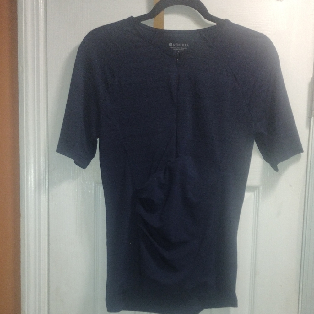 Athleta Women's Deep Blue Short Sleeve Top With Zipper Front.